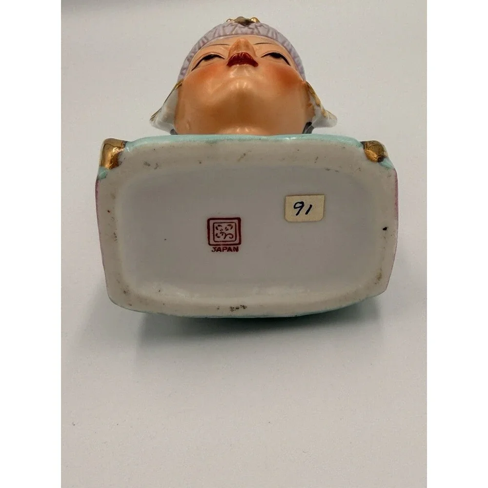 Vintage Asian Lady Head Mini Vase Celadon Jade Gold Japan Mid Century Japan 1950